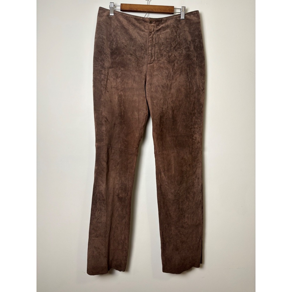 A.M.I. Womens Suede Leather Pants 14 Brown Straight Leg Raw Hem Western Boho
